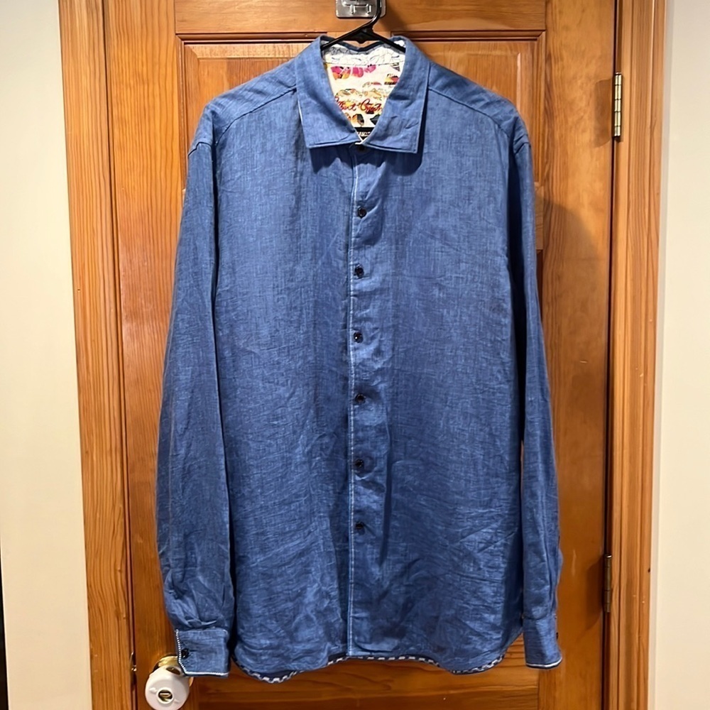 ROBERT Graham mens classic fit blue button down 100% linen shirt size 2XL.